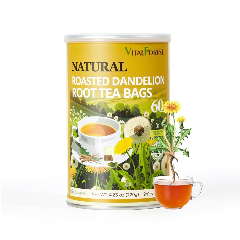 60 Roasted Dandelion Root Tea Bags, 2g/Bags, VitalForest Natural Detox Dandelion Tea, Dried Dandelion Root Coffee Substitute, Diente De Leon, Caffeine Free, Canister Packaged - Image 1